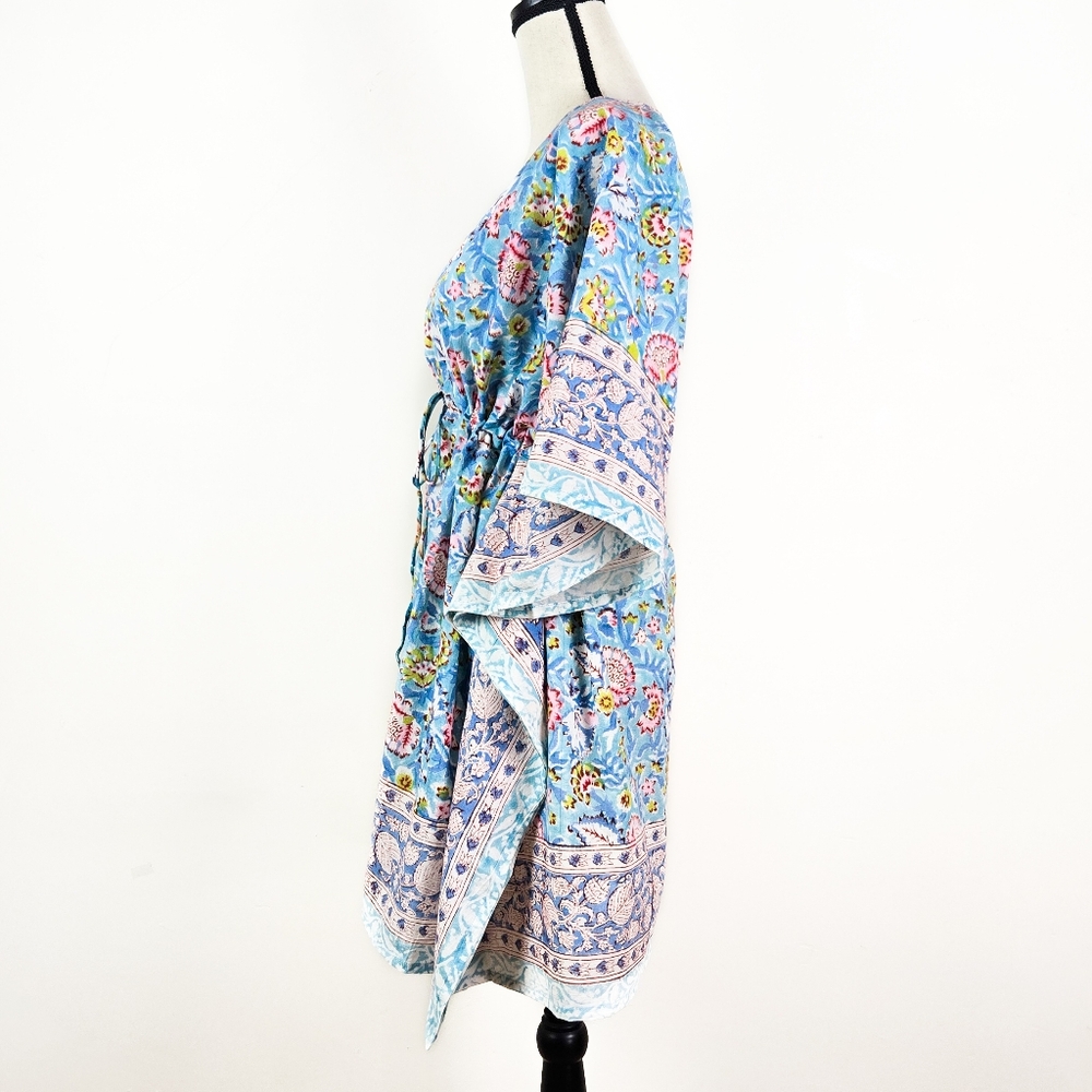 NWT Sevya Handmade Block-Printed Cotton Caftan, Blue and Pink - Picture 4 of 5